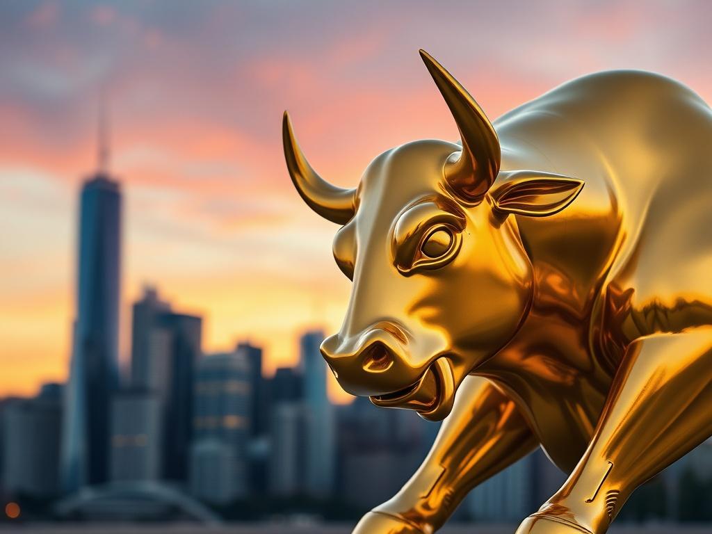Create a highly realistic and high-resolution image that captures the essence of the blog titled "Is the Bull Run Over In Crypto?". The focal subject should be a golden bull statue, symbolizing the bullish nature of the cryptocurrency market, positioned prominently in the foreground. The bull should have intricate details, showcasing its powerful stance with polished surfaces that reflect light, adding to its majestic appearance.

For the background, include a blurred city skyline at dusk, signifying the fi