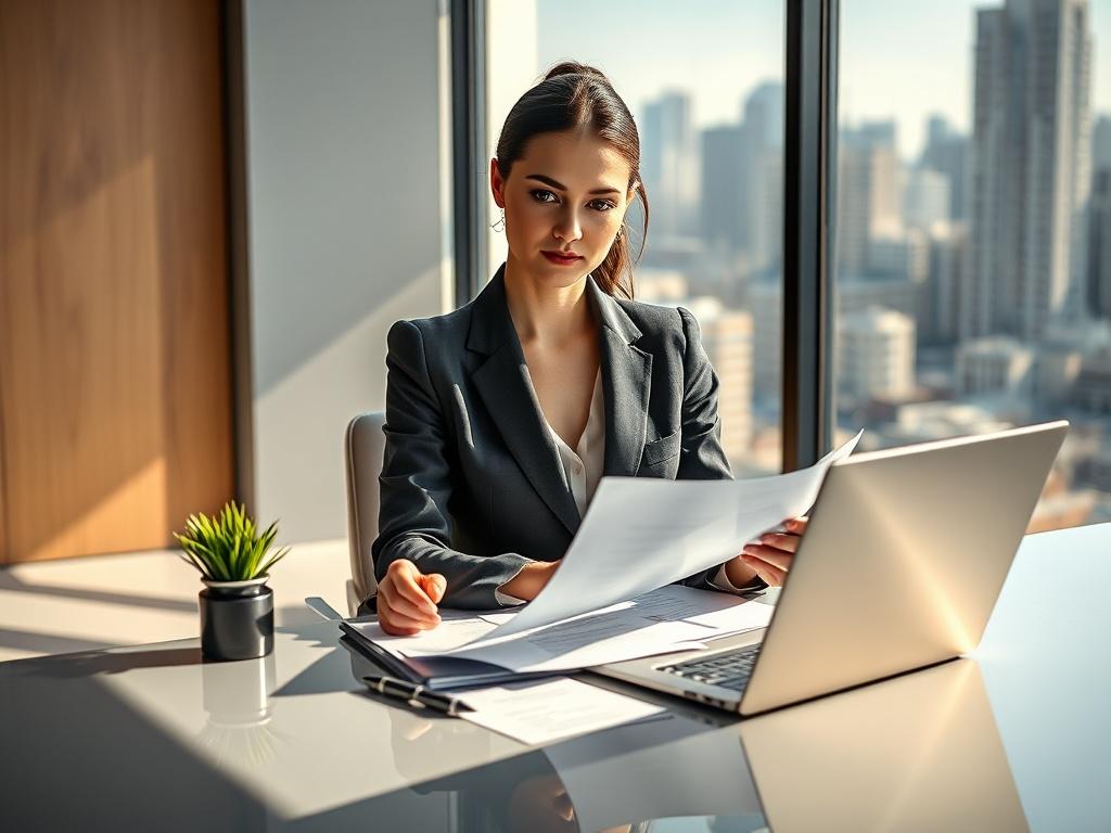Create a realistic high-resolution photo of a confident, professional woman in a business attire, seated at a sleek, modern desk in a well-lit office space. She should be engaged in reviewing financial documents, with her attention focused on a stack of papers and a laptop open in front of her. The desk should feature subtle indications of wealth and professionalism, such as a stylish pen, a financial report, and a small decorative plant for a touch of life. 

The background should be a clean, minimalist of