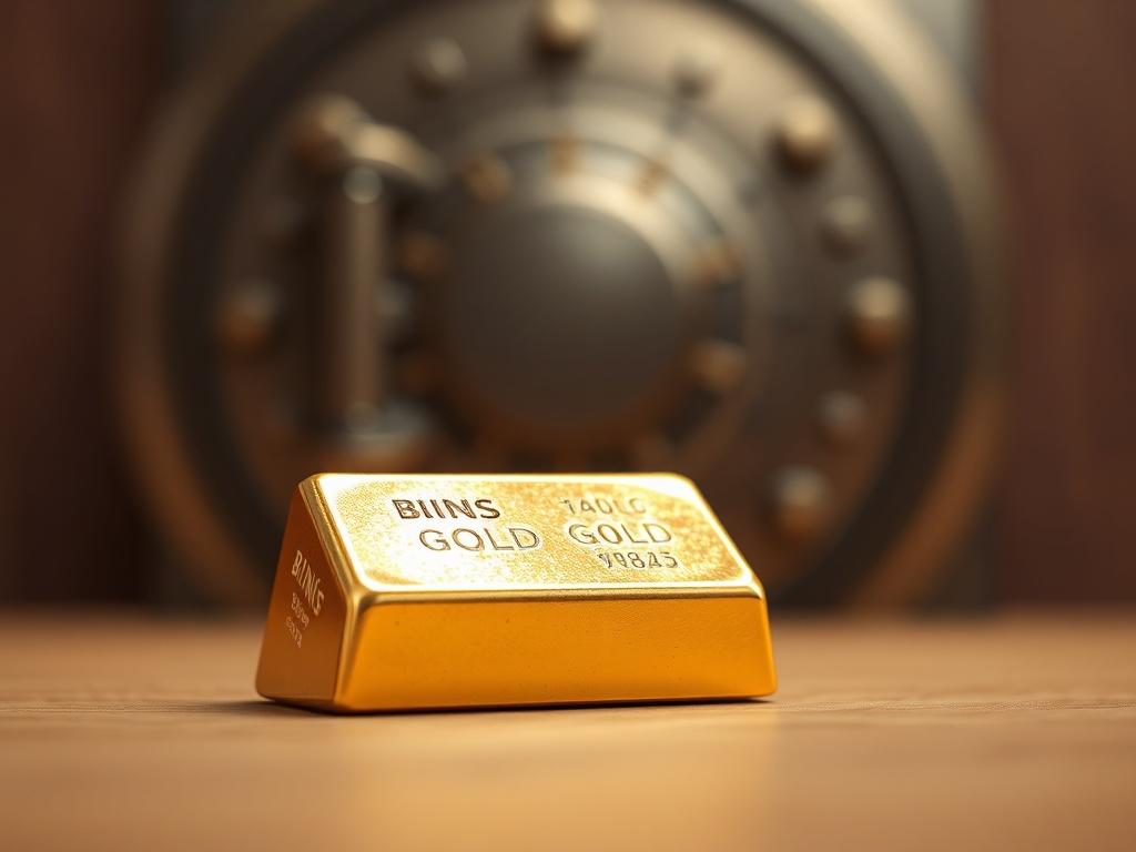 **AI Image Generation Prompt:**

Create a highly realistic and high-resolution photo focusing on a single gold bullion bar as the primary subject. The bar should be presented in sharp detail, showcasing its texture, weight, and shine, reflecting a sense of luxury and stability. The background must be soft and neutral, perhaps a subtle gradient of warm earth tones, to ensure that the gold bullion takes center stage. 

In the scene, include a faint outline of a Brinks vault door blurred in the background to s