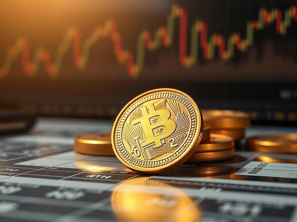 Create a realistic high-resolution close-up image that reflects the theme of a blog titled "Metals Drop After CME Hike." The composition should center on a single, polished gold bullion coin, glimmering under soft, natural light to accentuate its reflective surface and intricate details. The background should be softly blurred, featuring hints of a metal trading desk with faint outlines of trading charts and graphs, suggesting the backdrop of financial activity and market fluctuations without distracting fr