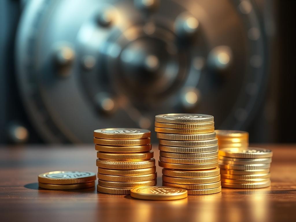 A close-up shot of gold and silver bullion coins stacked on a wooden table, with a soft-focus background of a secure vault door. The lighting highlights the shine and details of the coins, creating a luxurious and trustworthy atmosphere.