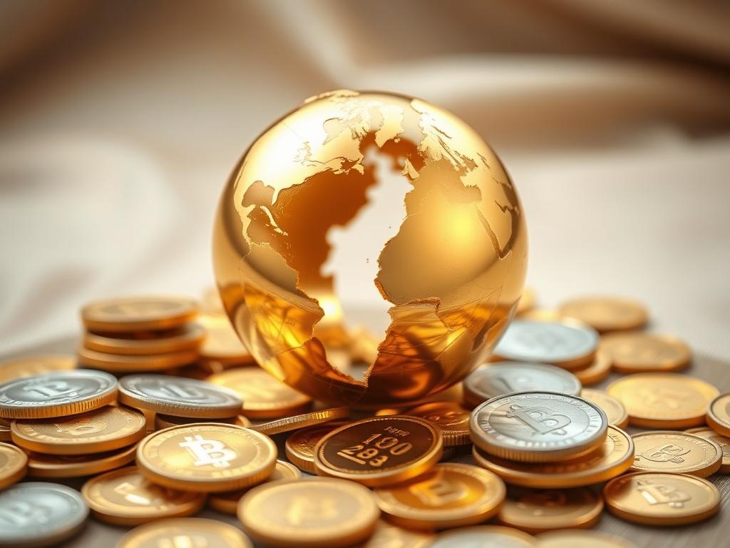 Create a hyper-realistic, high-resolution photograph featuring a close-up shot of a spherical world globe made of gold, prominently displayed in the center of the image. Surrounding the globe, scatter an assortment of shiny gold and silver coins, showcasing their intricate details and lustrous surfaces. The coins should include recognizable designs to highlight their authenticity and value. 

The background should be softly blurred, focusing attention on the globe and the coins in the foreground, yet hintin