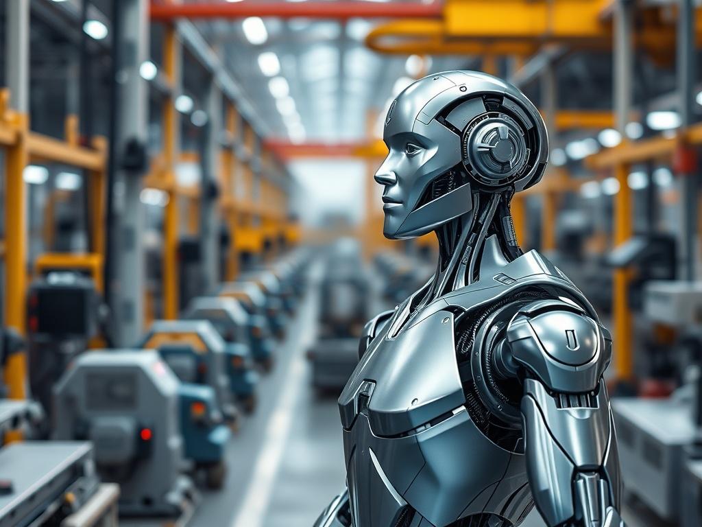 **Prompt for AI Image Generation:**

Create a realistic high-resolution photo that encapsulates the essence of "The AI Boom!" The composition should be simple and clear, featuring a single, striking subject: a humanoid robot, standing confidently in a modern industrial environment. The robot should have a sleek, metallic body with intricate detailing, representing advanced technology and innovation. 

Position the robot slightly to the right of the center, gazing thoughtfully towards the left, as if contemp