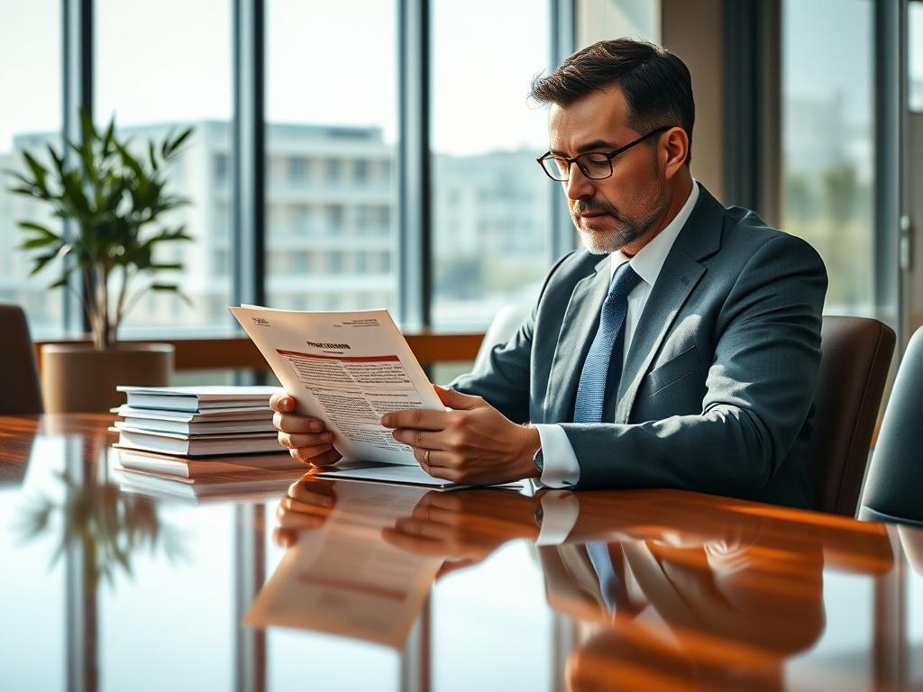 Create a realistic high-resolution image focused on a single, well-dressed economist sitting at a polished wooden conference table. The economist is reviewing a significant document titled "FOMC Meeting Results," with a thoughtful expression, conveying deep contemplation about the economic ramifications. The background should be an elegantly designed, modern conference room with large windows that let in natural light, casting soft shadows on the table. Subtle touches like a potted plant and a few financial