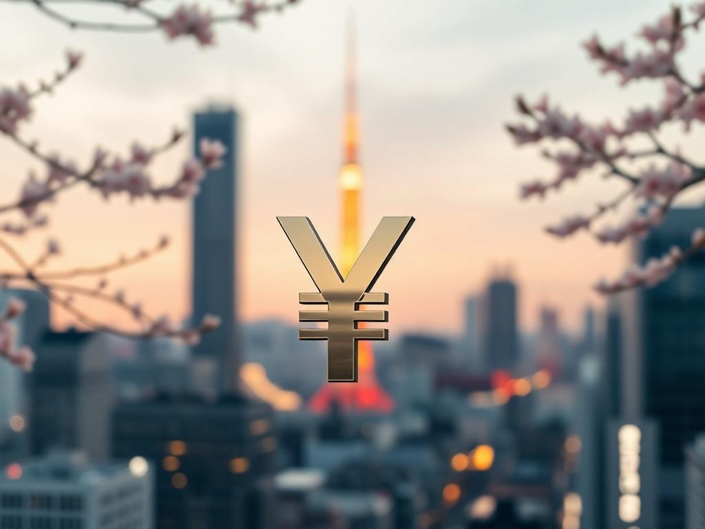 **Image Generation Prompt:**

Create a realistic high-resolution photo depicting a single, elegant Japanese yen symbol (¥), prominently placed in the foreground. The yen symbol should be crafted from a sleek, polished metal, reflecting light in a way that emphasizes its importance. The background should feature a subtle, blurred cityscape of Tokyo, hinting at iconic elements like skyscrapers, cherry blossom trees, or the Tokyo Tower, but keeping them out of focus to ensure the yen symbol remains the central