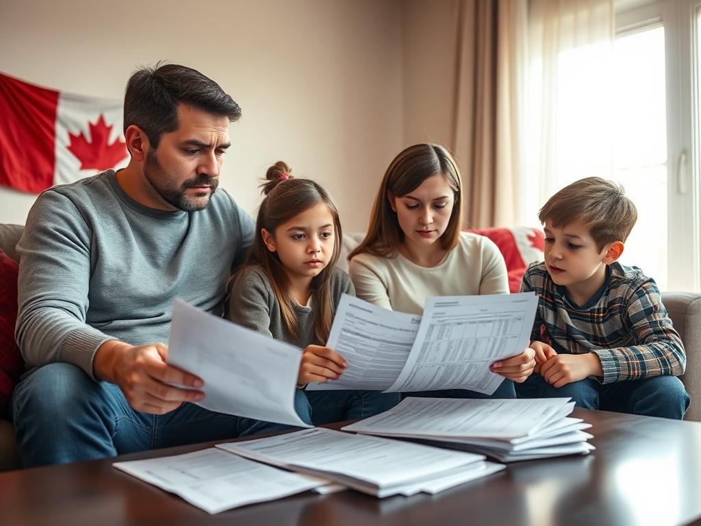 **AI Image Generation Prompt:**

Create a hyper-realistic high-resolution photograph that captures the essence of a blog titled "Canada Just Hit #1 in the World for Household Debt." The composition should be simple and clear, featuring a lone subject: a concerned Canadian family in their living room. 

The family should consist of four members – a father and mother, both in their 30s, and two children (a teenage girl and a young boy). Their expressions should convey a sense of worry and contemplation as the