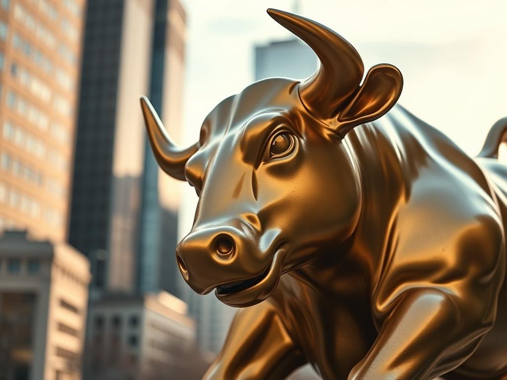 Create a high-resolution, realistic photograph for a blog titled "Has the Bull Market Started?". The composition should be simple and clear, featuring a prominent subject: a golden bull statue, symbolizing prosperity and bullish market trends. The bull should be depicted in a dynamic pose, with its head raised, exuding power and confidence.

For the background, use a softly blurred urban setting that includes elements of finance, such as a skyline with recognizable skyscrapers, hinting at a bustling financi