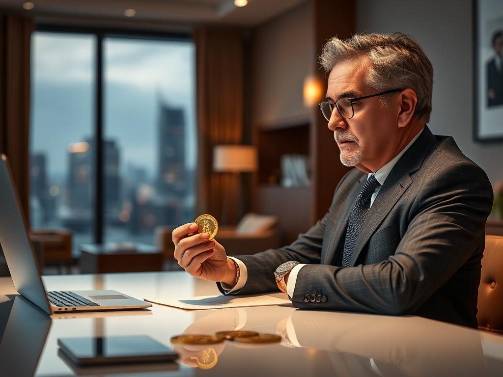 Create a realistic high-resolution photo for a blog titled "Wealth Sense." The image should feature a well-dressed individual, a confident and composed middle-aged person, sitting at a sleek modern desk, looking thoughtfully at a luxurious gold coin in their hand. The individual should be positioned slightly off-center to the right, allowing focus on the coin. The background should be a soft focus that depicts an elegant home office with warm lighting, tasteful wood furnishings, and a view of a city skyline