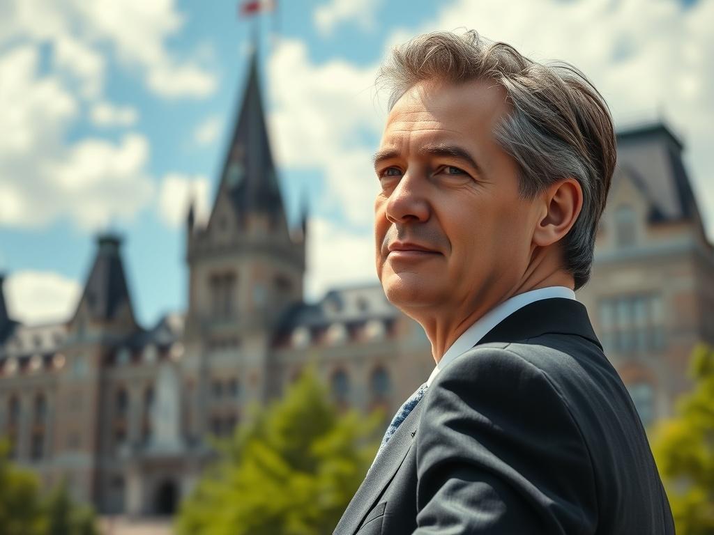 Create a highly detailed and realistic high-resolution photo capturing the essence of Canada's political landscape in 2025, showcasing its influence on the future going into 2026. 

**Composition:** Feature a single prominent figure in business attire, symbolizing leadership and vision. The figure should be turning slightly to face the viewer, with a serious yet optimistic expression, embodying confidence in shaping the future. 

**Subject Matter:** The subject should be a middle-aged Canadian politician, r