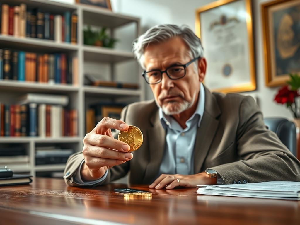 Create a realistic high-resolution photo that captures a retail gold investor in a thoughtful moment of decision-making. The main subject should be a middle-aged individual, sitting at a polished wooden desk, examining a gold bullion coin held delicately in their hand. The person's facial expression should display a mix of curiosity and contemplation, suggesting they are evaluating the value of their investment.

The background should be softly blurred to maintain focus on the subject, featuring elements th