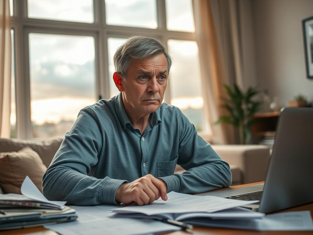 **Prompt for AI Image Generator:**

Create a realistic high-resolution photo featuring a single subject that encapsulates the turmoil in the Canadian mortgage industry. The composition should be simple and clear, with a focus on a distressed homeowner in their living room, reflecting anxiety and uncertainty about their financial future. 

The subject, a middle-aged adult, should be seated at a cluttered table with papers scattered around, showcasing mortgage documents and a laptop displaying fluctuating int