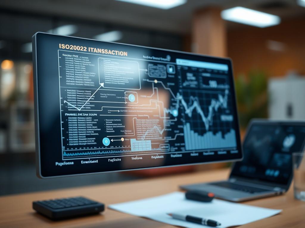 **Prompt for AI Image Generation:**

Create a realistic high-resolution photo depicting a close-up of a highly detailed, modern financial transaction interface on a digital screen. The subject should be the screen itself, showcasing an abstract representation of ISO20022 data flows, with elegant lines and arrows indicating connectivity and data exchange. The background should be softly blurred to emphasize the screen, featuring a sleek, contemporary office environment with subtle hints of financial tools (l