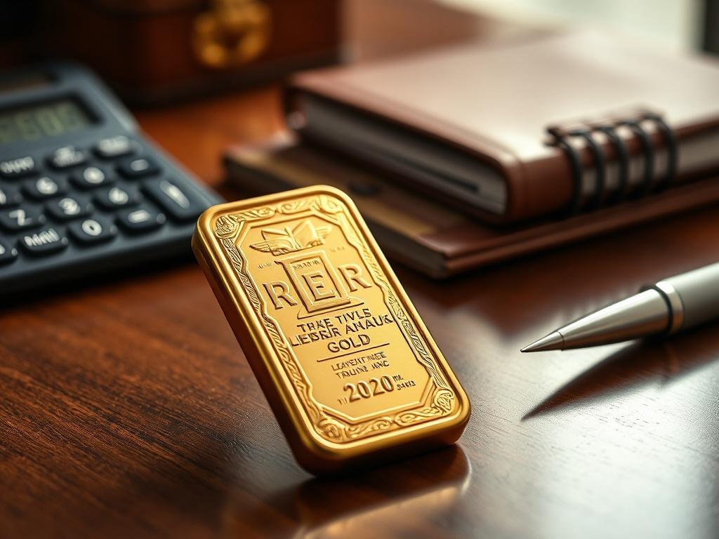 **Prompt for AI Image Generation:**

Create a realistic high-resolution image that embodies the theme of the "Titan Bullion Group Approach." The composition should focus on a single subject: an intricately designed gold bullion bar resting on a polished wooden desk. The bar should be the centerpiece of the image, gleaming in natural light to highlight its brilliant surface and give a sense of wealth and stability.

In the background, softly blurred elements suggest a professional financial environment: a hi