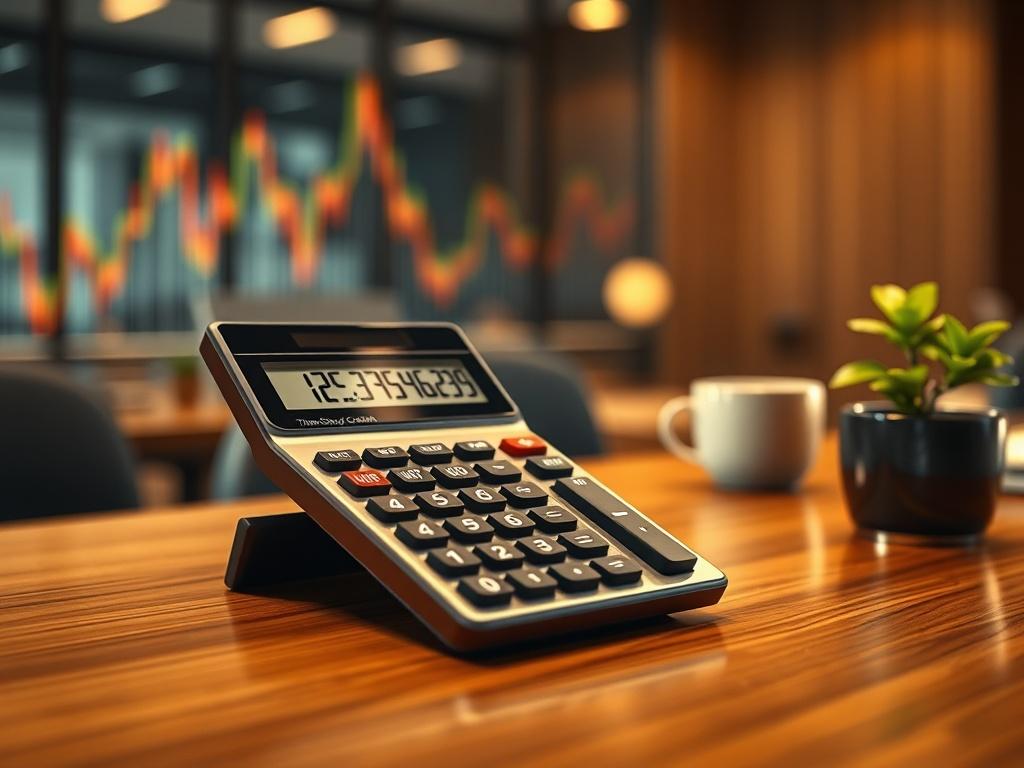 Create a highly detailed, realistic high-resolution photo that embodies the theme of "Japan's Reverse Carry Trade and Interest Hike Tomorrow." The composition should be simple and clear, with a single subject being a sleek, modern financial calculator placed on a polished wooden desk. The calculator should have a digital display showing figures related to interest rates and currency exchanges, emphasizing the financial aspect of the trade.

The background should be softly blurred, featuring hints of a moder