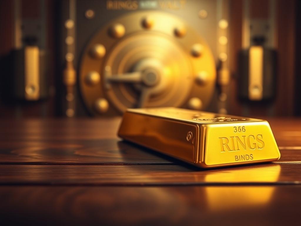A close-up shot of a gold bullion bar resting on a wooden table, with a Brinks vault in the background slightly out of focus. The lighting is warm, highlighting the texture of the metal. The composition focuses solely on the bullion bar, creating a sense of security and wealth. The colors are rich and inviting, with a primary color palette of gold and brown.