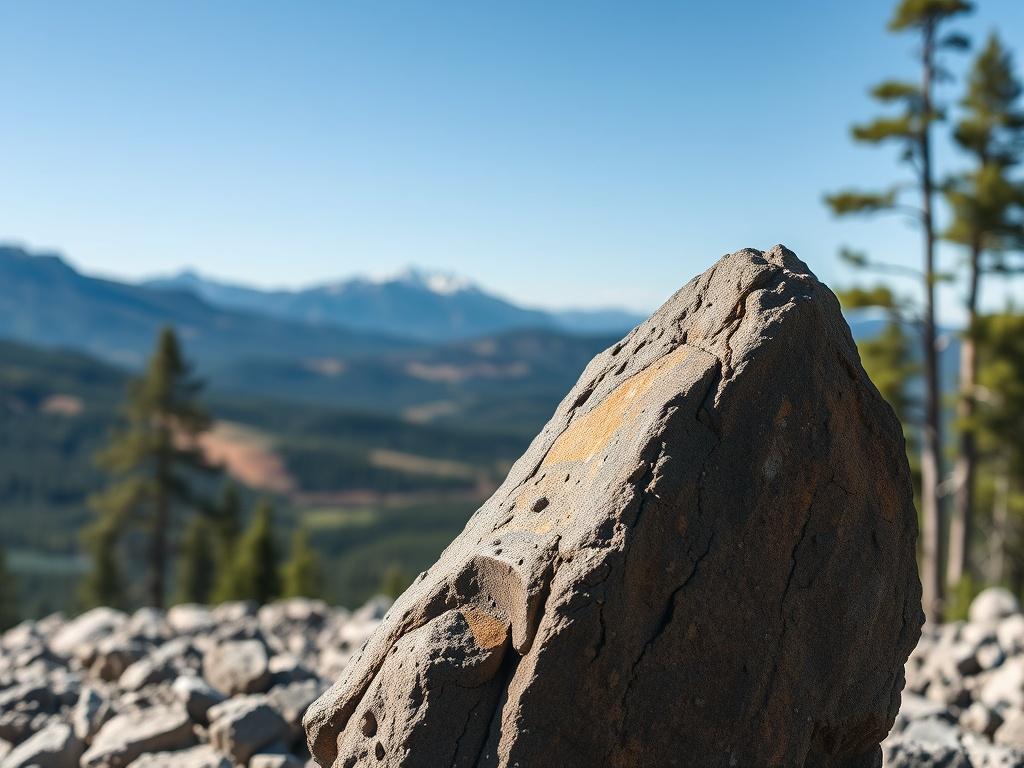 Create a realistic high-resolution photo that captures the essence of the Canadian mining industry. The image should feature a single, prominently displayed basalt rock formation in the foreground, showcasing its textured surface and rich color variations. The background should depict a contrasting scene of expansive Canadian wilderness, with pine trees, rolling hills, and a clear blue sky. The composition should be simple and clear, allowing the basalt to be the focal point of the image. The lighting shoul