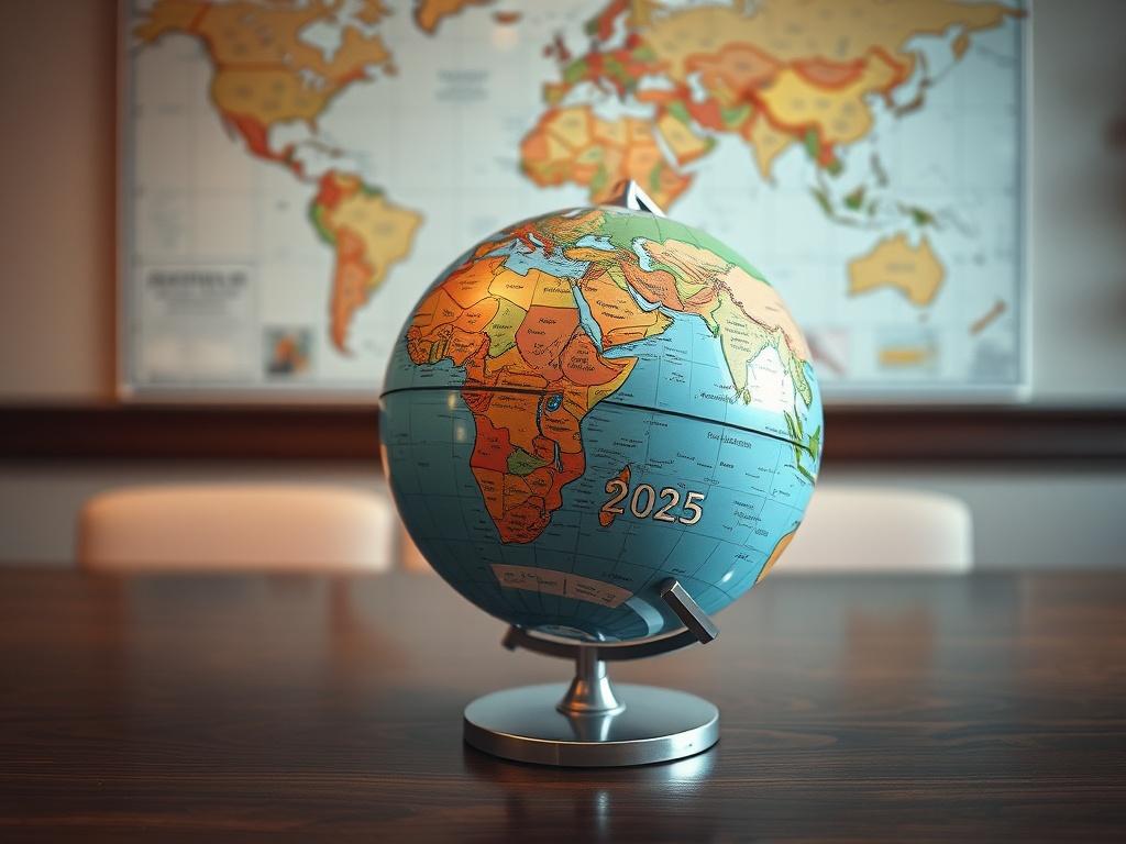 **AI Image Generation Prompt:**

Create a realistic high-resolution photo that conveys a strong sense of geo-political awareness. The image should feature a single subject: a world globe placed on a polished, dark wooden table. The globe should be detailed, showcasing various countries, oceans, and geopolitical boundaries, with a focus on the year "2025" subtly highlighted on the globe to signify the current context. 

In the background, include a softly blurred map of the world hanging on a wall, which add