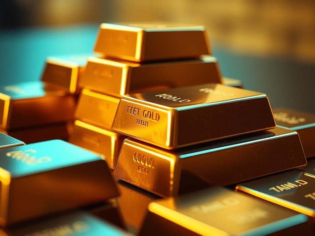 A hyper-realistic close-up shot of gold bullion bars stacked neatly. The lighting highlights the texture and shine of the gold, creating a luxurious feel. The background is softly blurred to emphasize the gold bars, with a color palette that complements rgb(40, 93, 225). The image should evoke a sense of trust and stability.