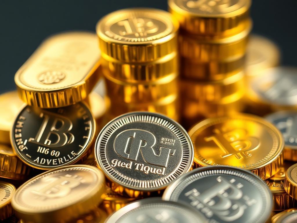 A hyper-realistic close-up shot of a mix of gold and silver bullion, arranged harmoniously. The lighting enhances the metallic luster of both metals, with a blurred background that complements the rgb(40, 93, 225) theme. The image should evoke a sense of financial growth and stability.