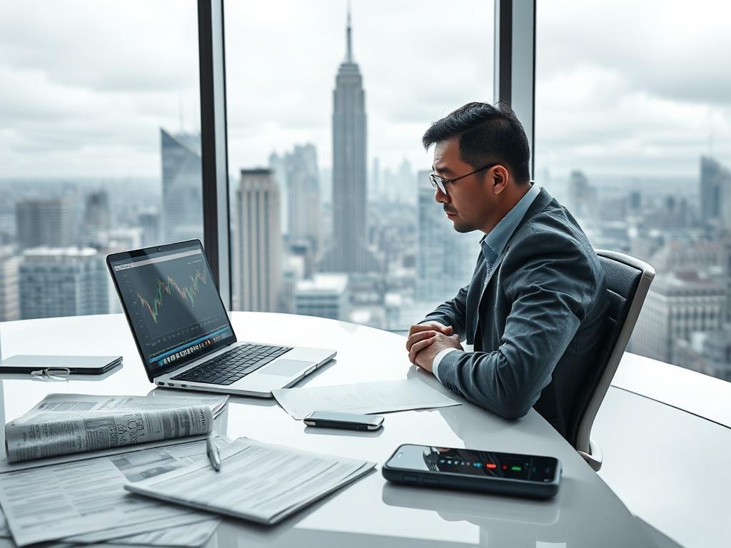 **AI Image Generation Prompt:**

Create a realistic high-resolution photograph that captures the essence of the blog titled "Global Markets Wobble as Wall Street Faces Layoff Fears and AI Reality Check." Center the composition around a solitary figure of a worried financial analyst, dressed in professional attire, seated at a sleek, modern office desk. The analyst should be looking intently at a laptop displaying fluctuating stock market graphs, with a furrowed brow that reflects concern and contemplation.
