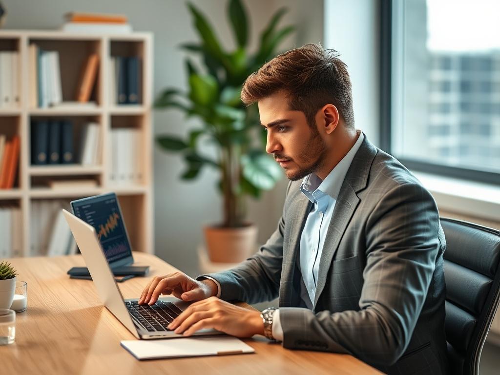 Create a realistic high-resolution photo that captures the essence of a blog focused on the upcoming Clarity Act and its implications for the cryptocurrency market. The single subject of the image is a thoughtful individual, a well-dressed professional, seated at a modern desk, gazing intently at a laptop screen displaying charts and graphs related to cryptocurrency. The person's expression reflects curiosity and anticipation, symbolizing the importance of the upcoming legislation.

The background should fe