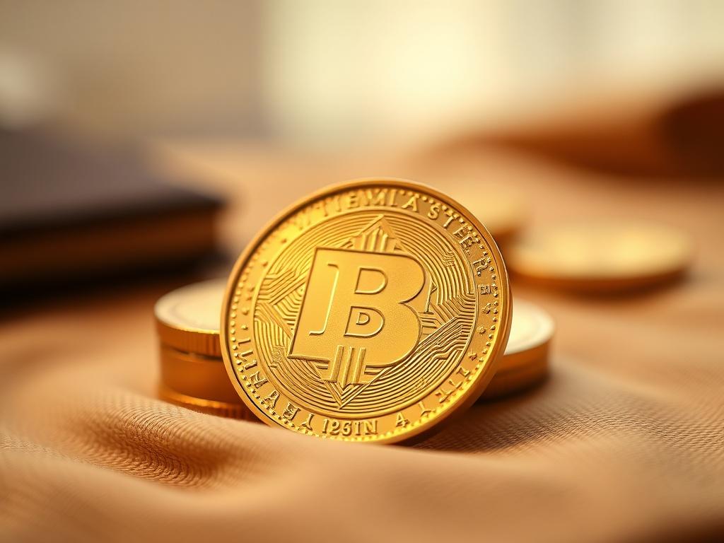 Create a realistic high-resolution image that visually represents the concept of maximizing investment with bullion. The composition should be simple and focused, featuring a single subject: a sleek gold bullion coin, glimmering under soft, natural light to emphasize its reflective surface and intricate designs. The coin should be placed prominently in the center of the image, capturing the viewer's attention immediately. 

The background should be softly blurred with a warm, neutral tone that complements the gold of the bullion, allowing it to stand out. The setting may include a subtle hint of a wooden desk or a luxurious fabric beneath the coin to evoke a sense of wealth and stability. Ensure there are no other objects or distractions in the frame; the focus should solely be on the bullion coin, symbolizing the opportunity for enhanced investment returns.

This image should invite viewers to explore how they can improve their investment strategies through Titan Group Capital's Bullion Yield Program, evoking a sense of trust and reliability. The overall aesthetic should be sharp, clear, and professional, showcasing the beauty and value of bullion as a serious investment choice.