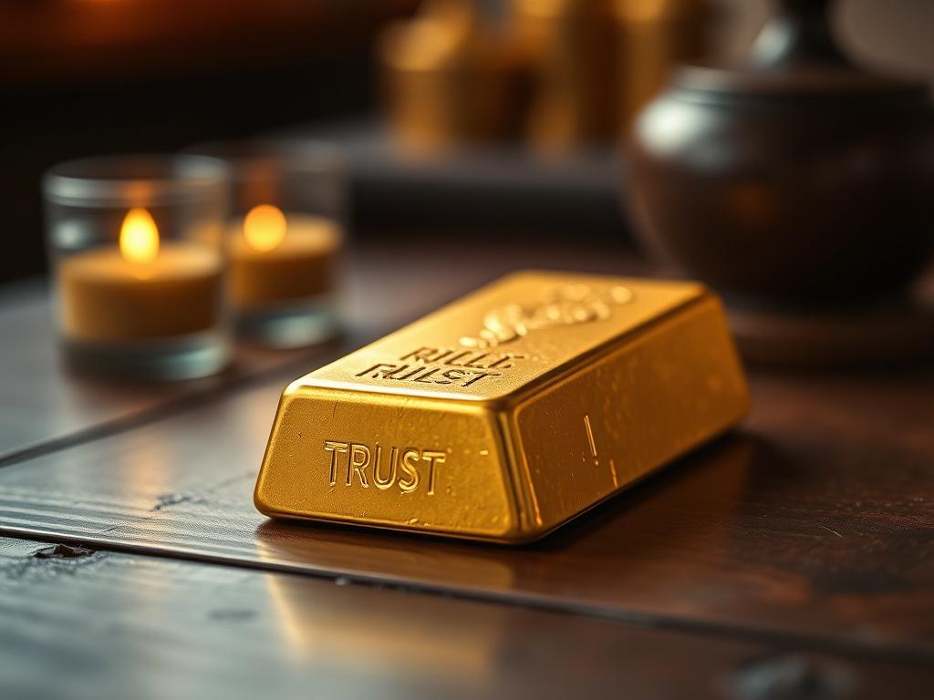 A close-up shot of a golden bullion brick on a wooden table, showcasing its texture and brilliance. The background is blurred to emphasize the bullion, with warm lighting creating a cozy atmosphere. The image captures the essence of trust and value in precious metals.