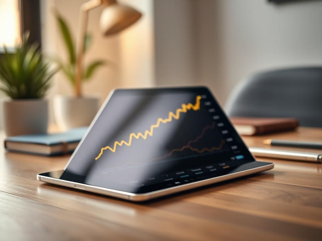Create a realistic high-resolution photo focusing on a single subject: a digital tablet displaying a chart that shows the upward trend of gold and silver prices. The tablet should be placed on a wooden table, with a soft, natural light illuminating the screen to highlight the chart details, ensuring it is clear and legible. Use a shallow depth of field to gently blur the background, which should be a softly focused office environment, perhaps including a few decorative items like a potted plant and a notebo