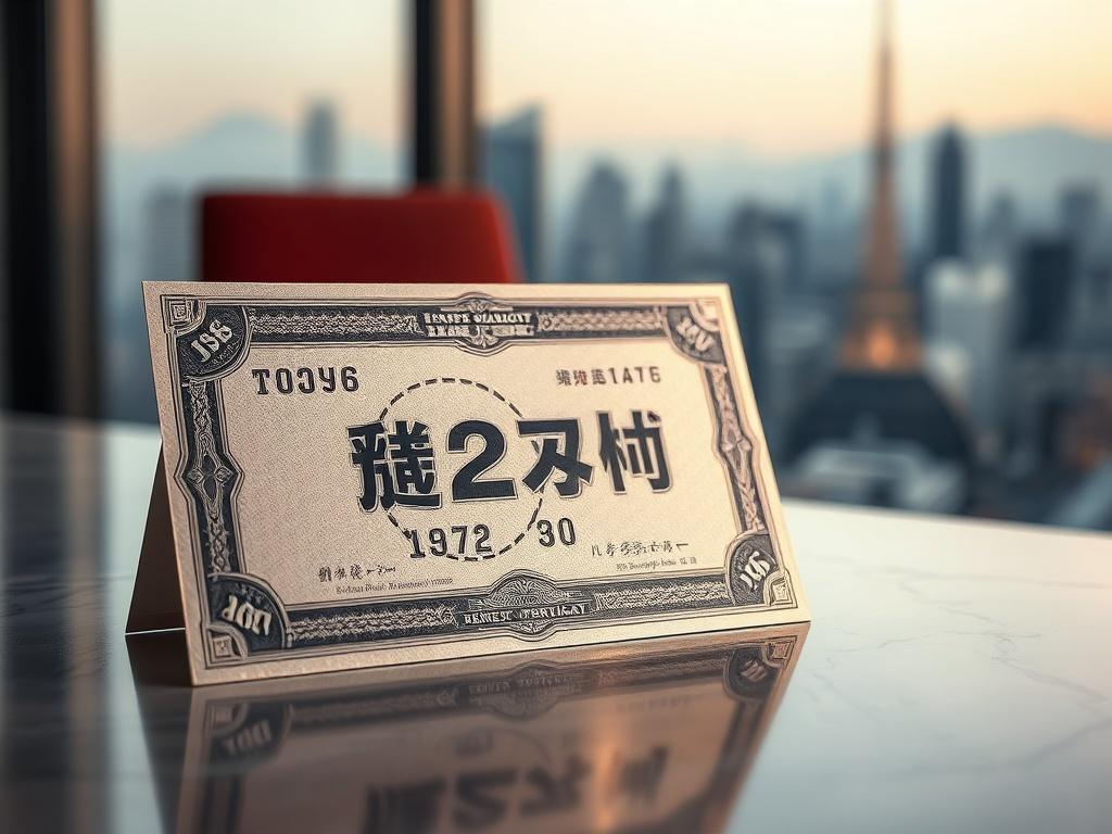 **AI Image Generation Prompt:**

Create a hyper-realistic, high-resolution photo focusing on a single, polished silver bond certificate, prominently displayed in the foreground. The bond certificate should feature intricate designs and borders, subtly reflecting its historical significance and financial value. In the background, softly blurred, include a subtle imagery of Tokyo’s skyline, hinting at Japan's financial landscape. 

The lighting should be warm and inviting, casting gentle reflections off the b
