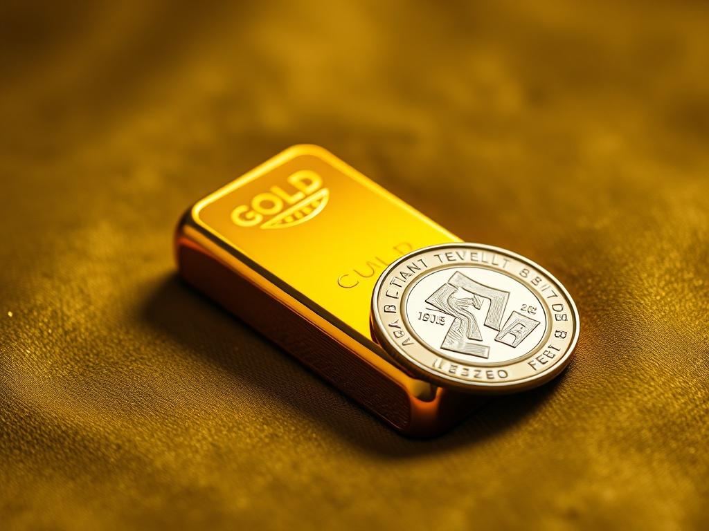 Close up shot of a gleaming gold bar and silver
