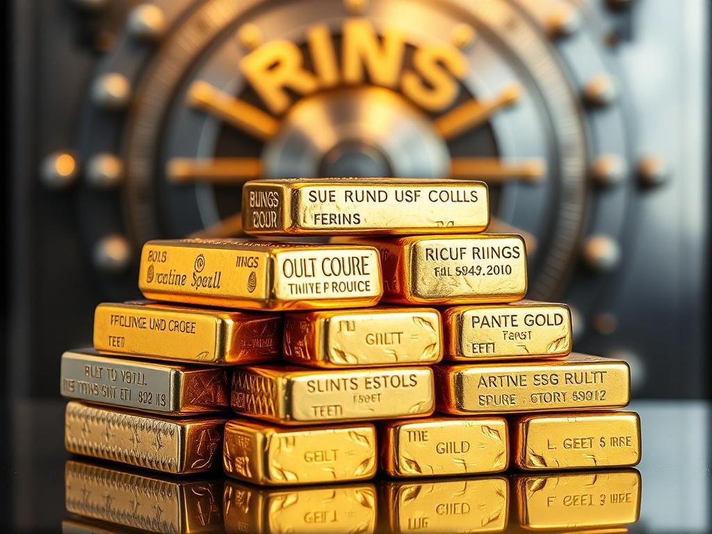 A close-up shot of gold and silver bullion stacked elegantly, highlighting their shine and texture. The background features a soft-focus Brinks vault door, suggesting security and safety. The image should capture the luxury and value of investing in precious metals, rendered in hyper-realistic quality.