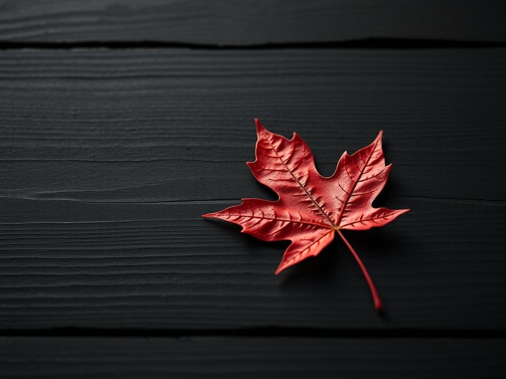 **AI Image Generation Prompt:**

Create a highly detailed, realistic high-resolution photograph that visually encapsulates the theme of "Canada's Economic Outlook for 2026." In the image, feature a solitary Canadian maple leaf laying on a dark wooden surface, symbolizing the identity of Canada juxtaposed with economic uncertainty. The camera should capture the leaf from a slightly elevated angle to ensure it stands out prominently in the frame, showcasing its vibrant red color contrasted against the muted t