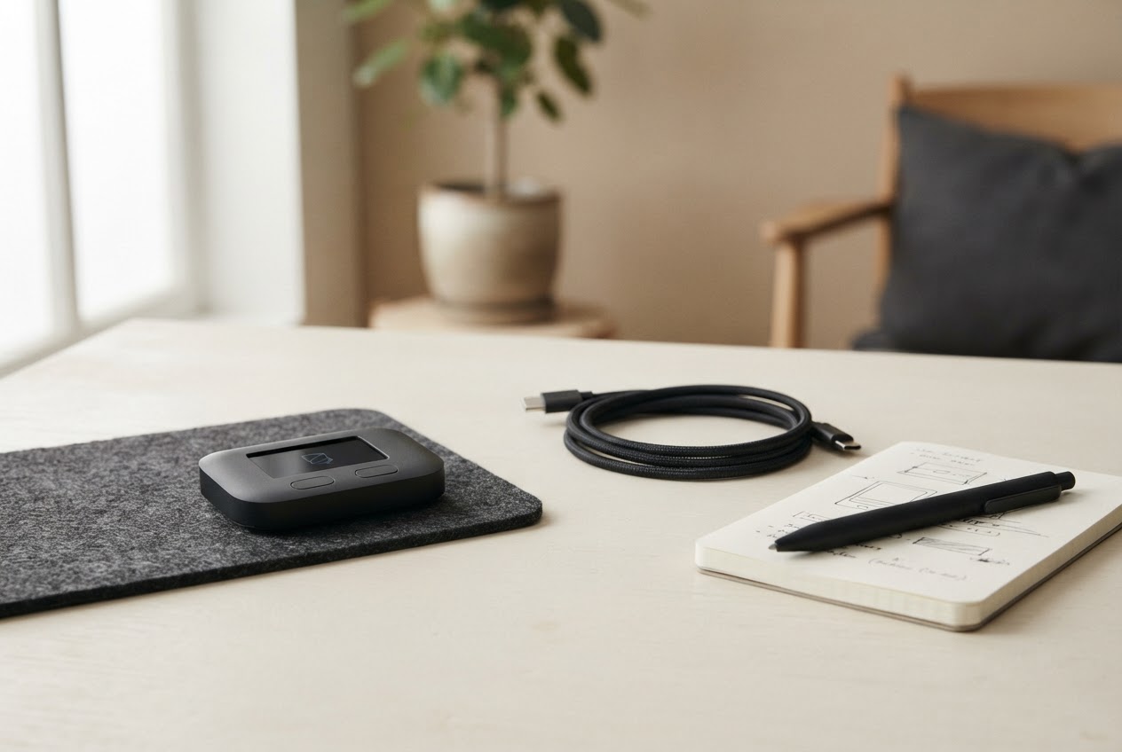 Hardware wallet and setup essentials arranged on a sunlit desk