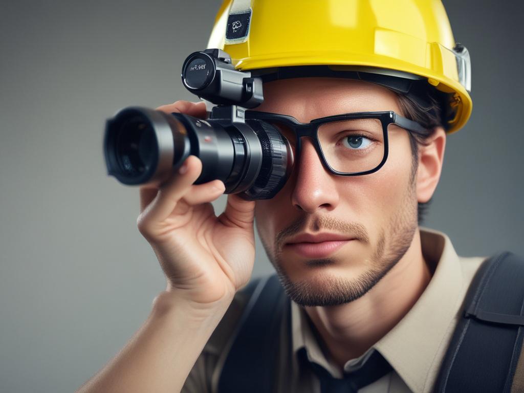 a close-up shot of a journalist in training, focused on safety techniques, with a neutral background, high-resolution, realistic