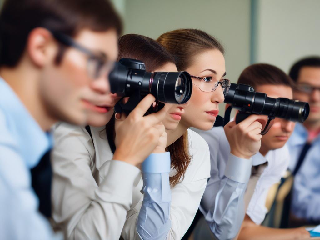 Close-up shot of a group of journalists in a training session, focused on safety techniques, realistic high-resolution, natural lighting, simple background.