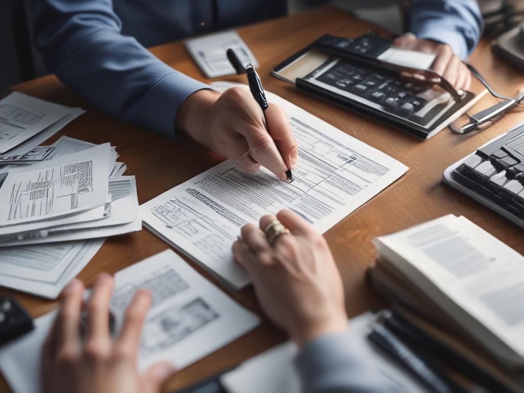 Close-up shot of a journalist reviewing crisis response materials, focused and engaged, realistic high-resolution, soft natural lighting, simple background.