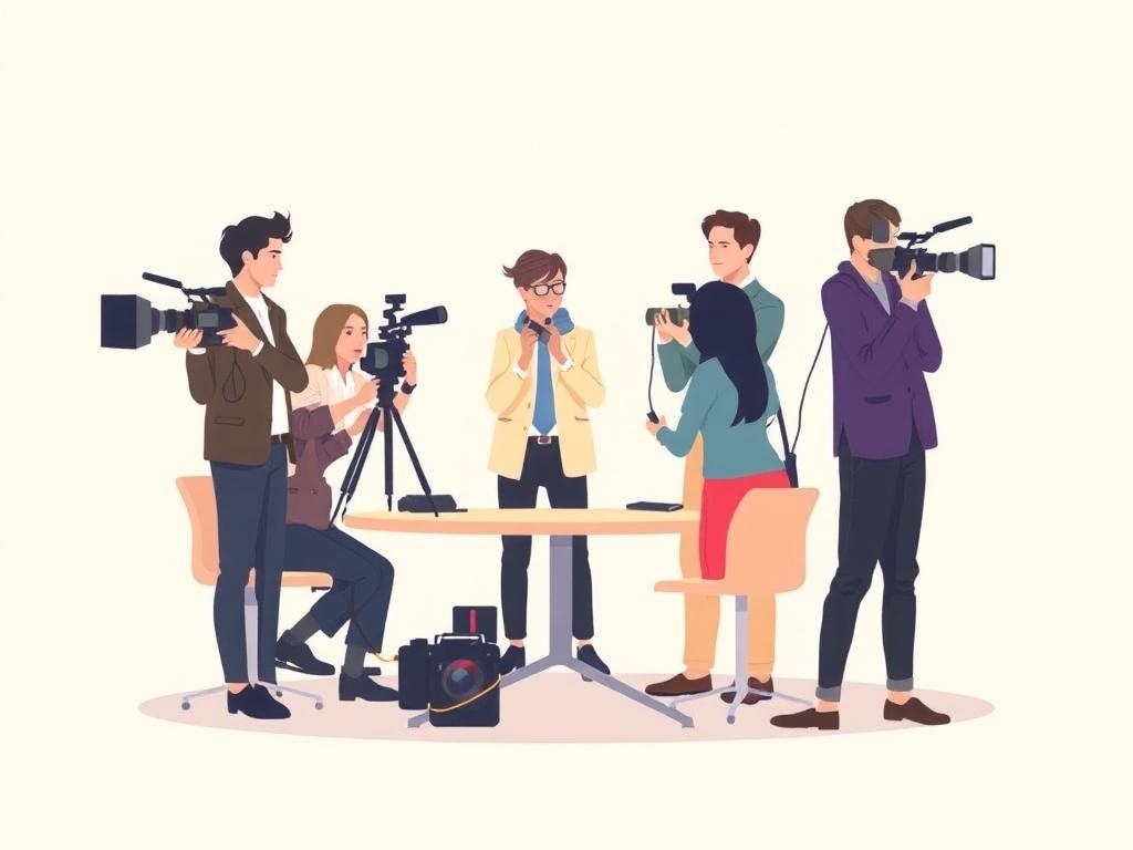A high-quality illustration of a journalist in a training session, focusing on hands-on exercises. The subject is a diverse group of journalists engaged in role-playing scenarios, set against a minimalistic background. The illustration uses pastel colors and negative space to highlight the action and intensity of the training.
