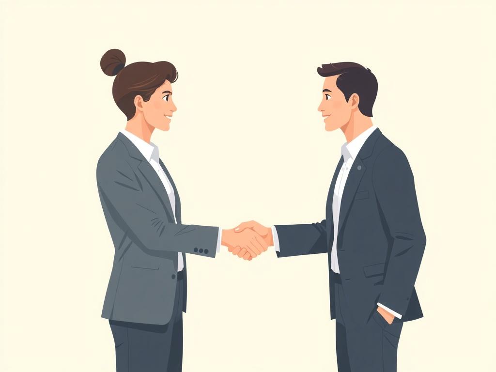 A high-quality illustration of two professionals shaking hands in a partnership agreement. The image should capture the moment of connection and collaboration, set against a minimalistic background. Use pastel colors and negative space to convey a sense of unity and purpose.