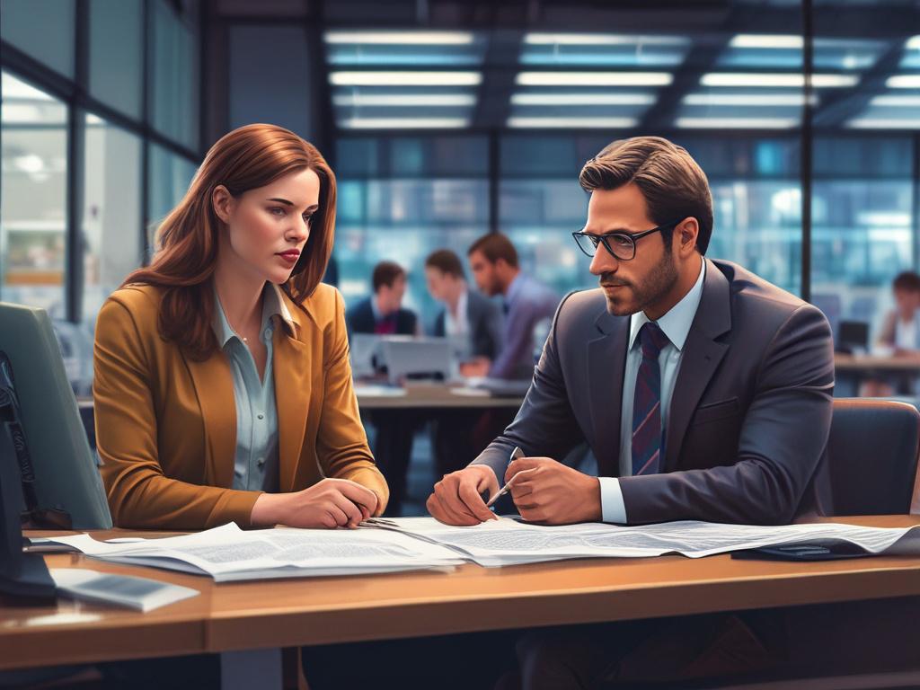 A lifelike depiction of a journalist in a newsroom setting, sitting at a desk with a concerned colleague leaning in to listen attentively. The background shows a busy newsroom atmosphere, with blurred figures and equipment. The focus is on the two colleagues, highlighting their emotional connection and support. The color scheme should incorporate the rgb(172, 41, 41) primary color.