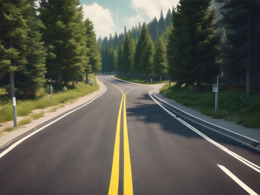 A hyper-realistic close-up shot of a beautifully designed road section created with sMARTrOADpLACER in a game environment, showcasing realistic textures, curves, and surroundings with vibrant green foliage. The image should have a shallow depth of field, emphasizing the road detail while softly blurring the background.