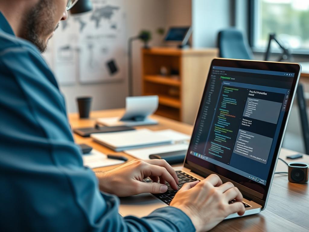 A realistic close up image of a software developer coding