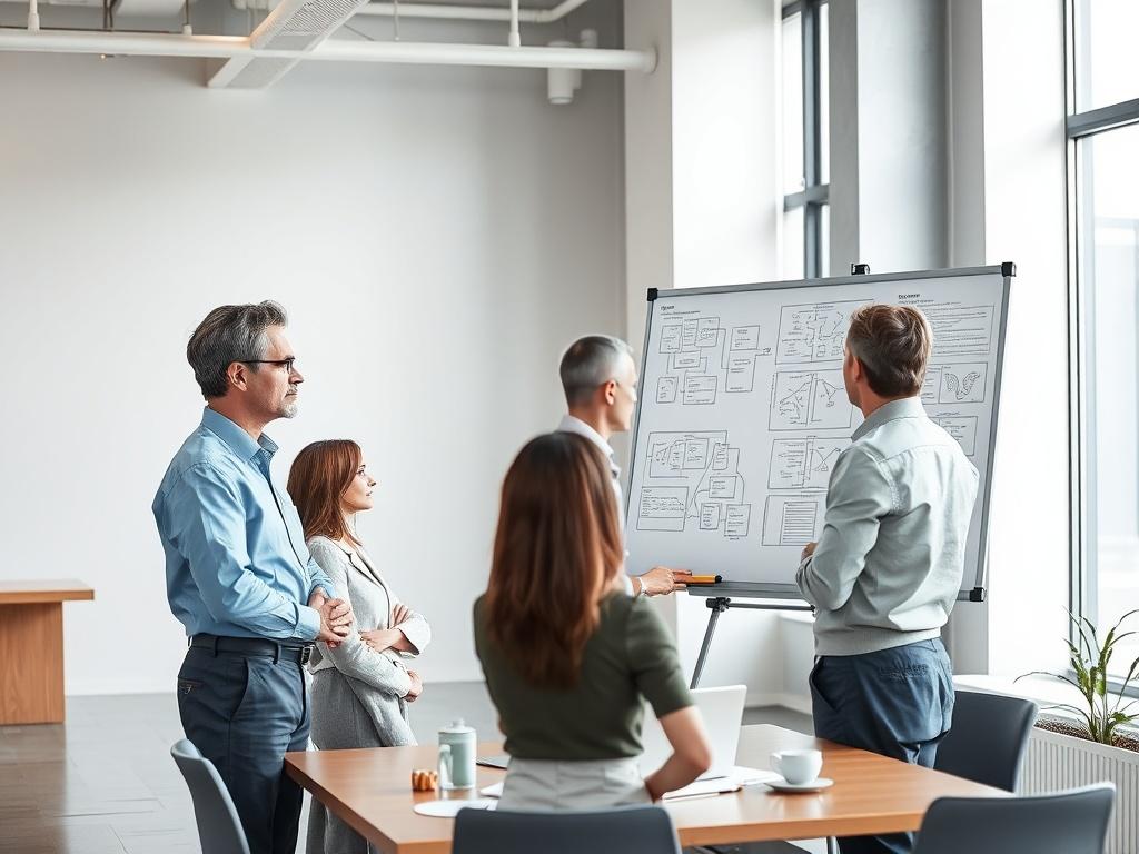 A professional setting showcasing a Chief Technology Officer (CTO) consulting with a small team of business professionals in an office environment. The CTO, a middle-aged individual with a confident demeanor, is standing by a whiteboard filled with diagrams and software architecture plans. The background is a minimalistic office with clean lines, an open layout, and natural light coming through large windows. The team members, diverse in appearance, are engaged in discussion, showcasing collaboration and in
