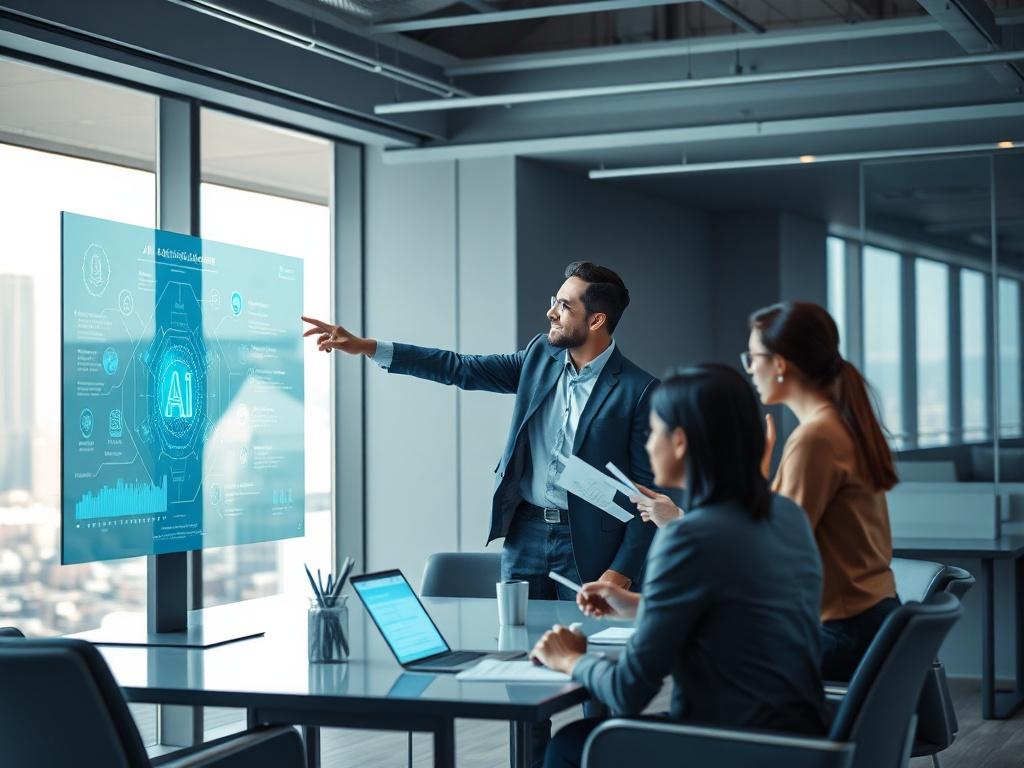 A realistic high-resolution photo depicting a business professional engaged in a discussion about AI adoption with a diverse team. The setting is a modern office with cool-toned colors, featuring shades of rich blues and soft grays. The professional is pointing at a futuristic digital display showcasing AI technology, while team members are taking notes and engaging in the conversation. The background includes sleek office furniture and a large window with a city view.