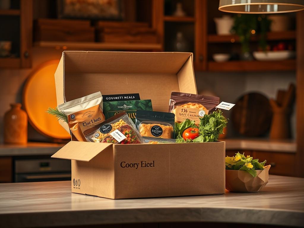 A delivery box filled with fresh, gourmet meals, showcasing beautiful