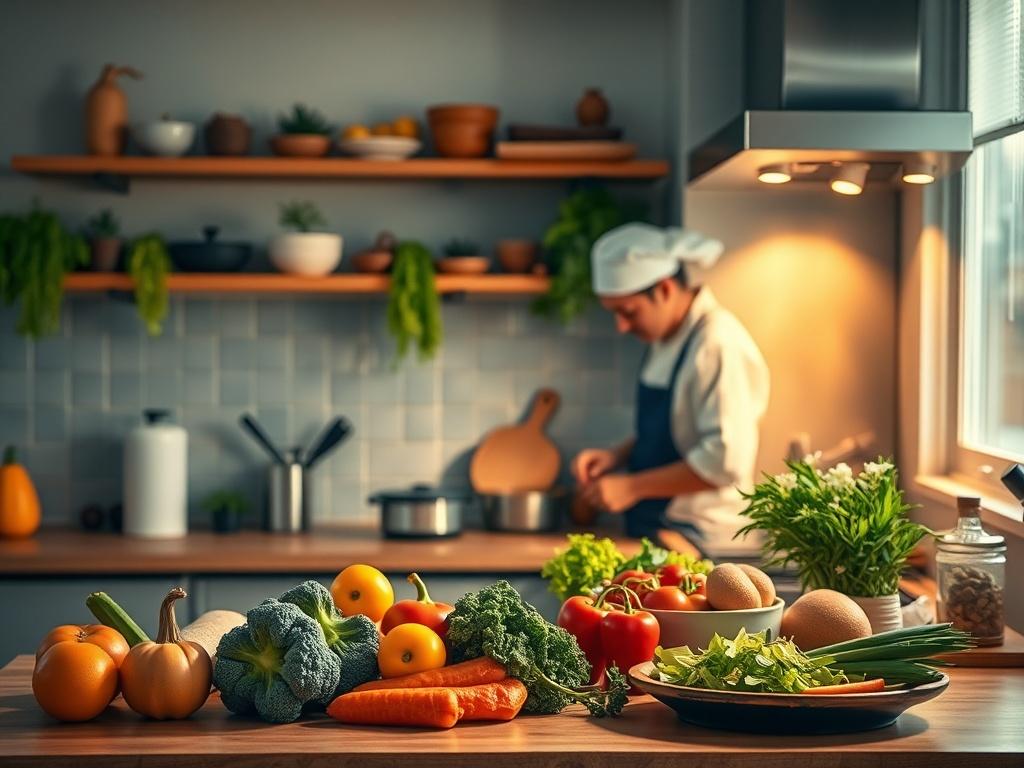An inviting kitchen scene featuring fresh, colorful ingredients on a