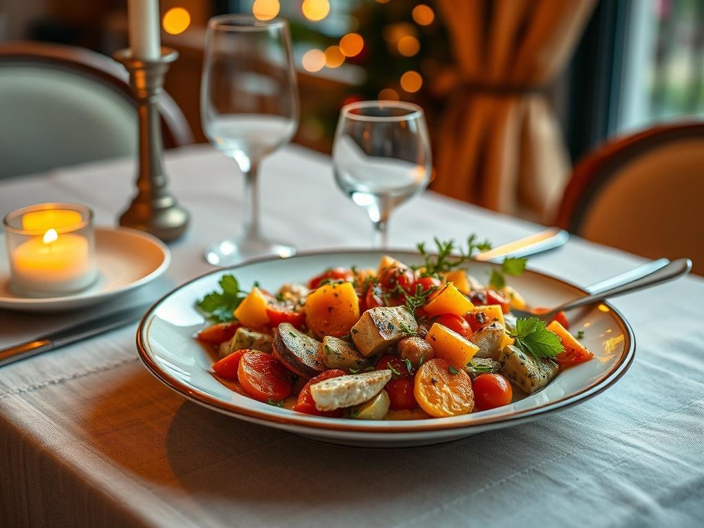 A beautifully plated Mediterranean dish, showcasing vibrant colors and fresh