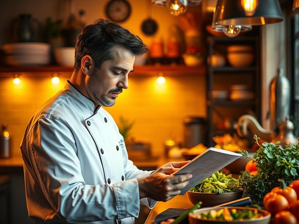 A chef thoughtfully planning a menu in a cozy kitchen,