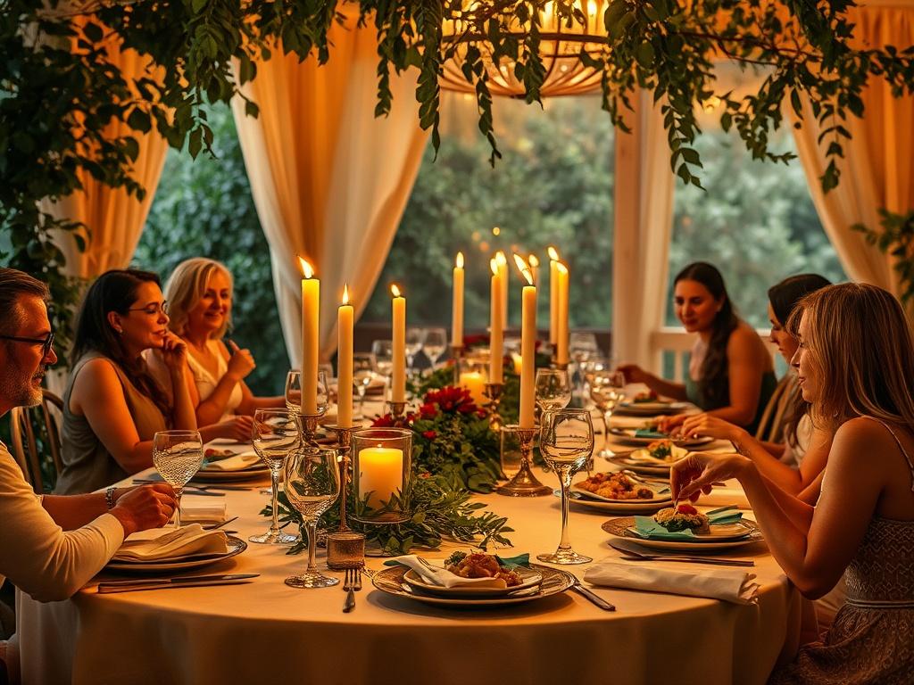 An elegantly set dining table adorned with fine china, crystal