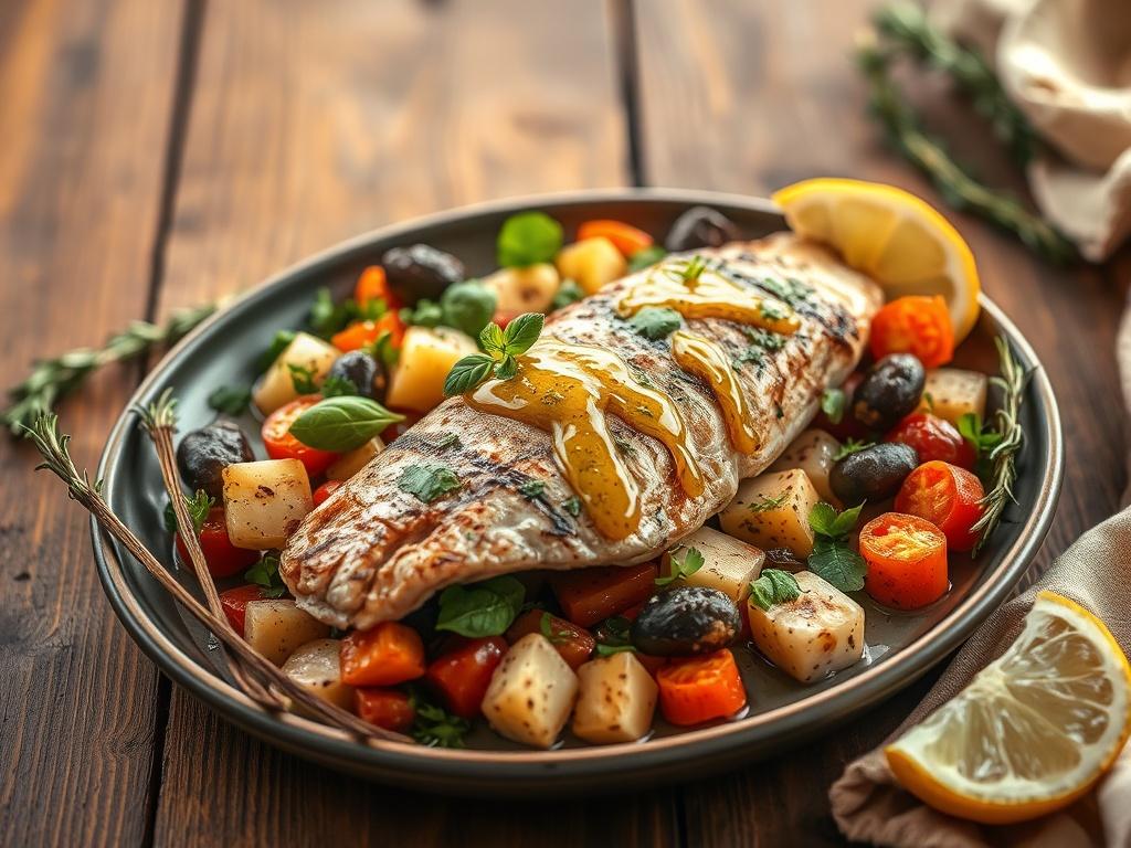 Create a realistic high-resolution photo that captures the essence of Mediterranean cooking, focusing on a beautifully arranged plate of traditional Mediterranean cuisine. The single subject should be a vibrant dish, showcasing a mix of grilled vegetables, fresh herbs like basil and parsley, and a perfectly cooked piece of fish drizzled with a golden lemon vinaigrette. The composition should emphasize the textures and colors of the ingredients, using soft lighting to create a warm and inviting atmosphere. 
