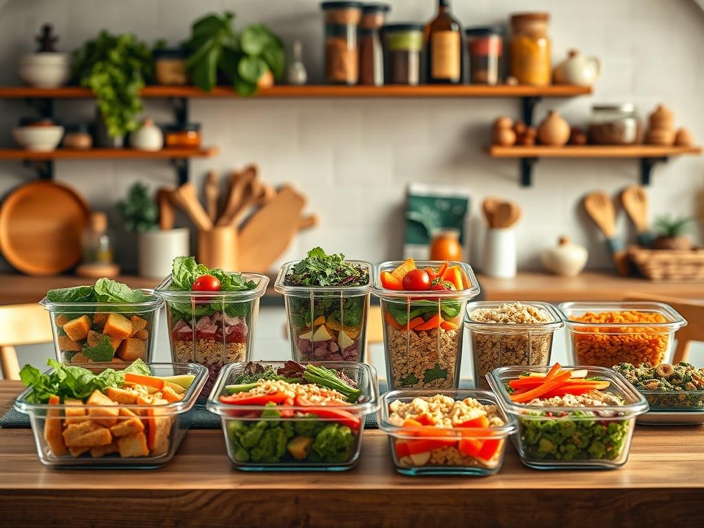 A cozy kitchen setting with soft lighting. In the center, a beautifully arranged table features an array of colorful, healthy meals served in glass containers. Each container showcases vibrant vegetables, lean proteins, and grains, all artfully layered. The background includes rustic kitchen elements, such as wooden shelves with herbs and spices, creating an inviting atmosphere. The overall color palette is warm, with golden hues that complement the freshness of the food.